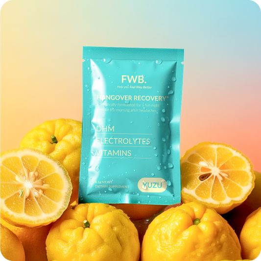 FWB hangover recovery single sachet packets. packed with DHM Electrolytes and Vitamins
